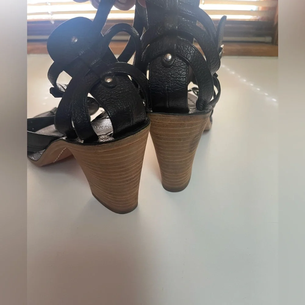 Sigerson Morrison Women’s Greek Black Leather Wood Heel Sandals - Picture 5 of 16